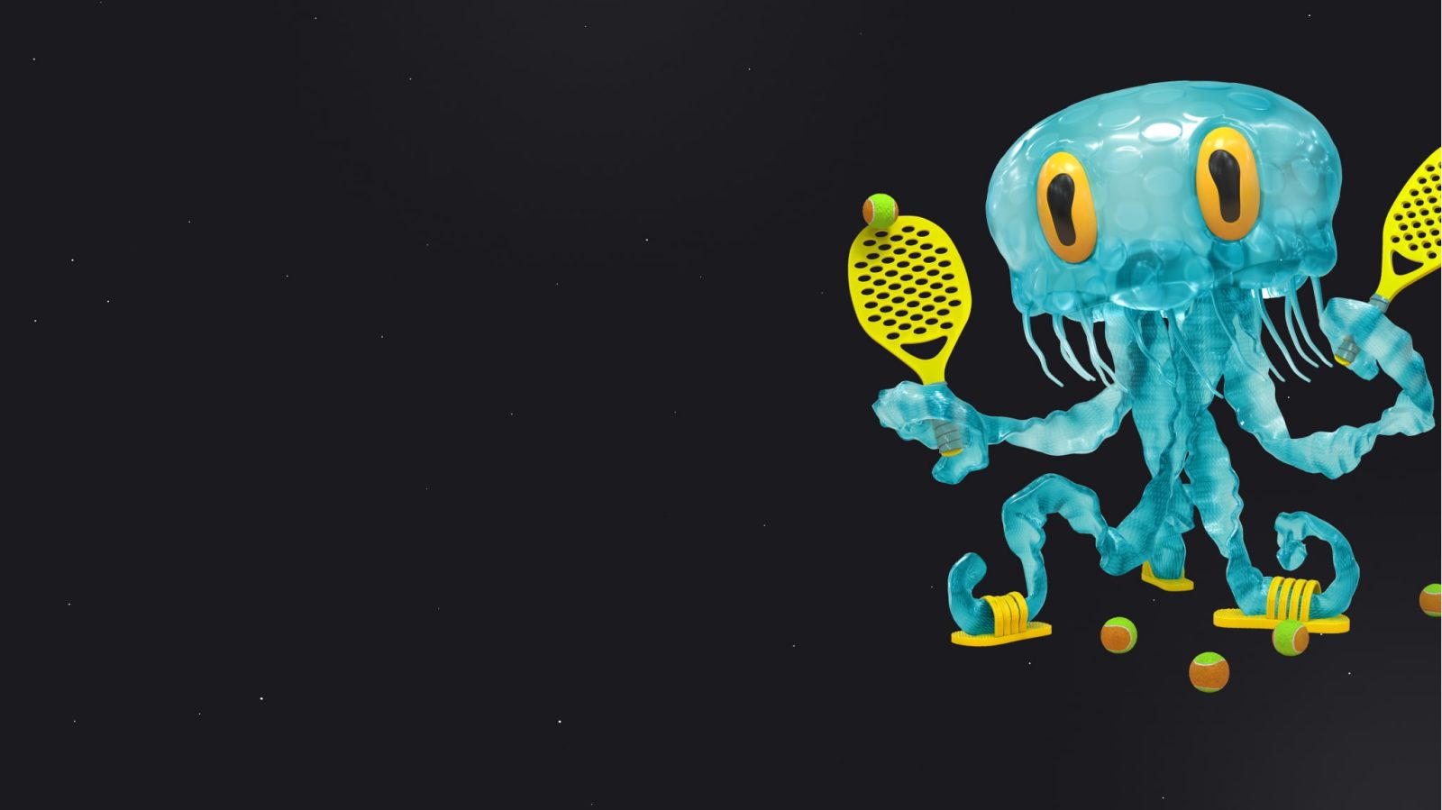 Illustration of an octopus in light blue and white, yellow eyes, wearing yellow flip-flops, while holding yellow tennis rackets