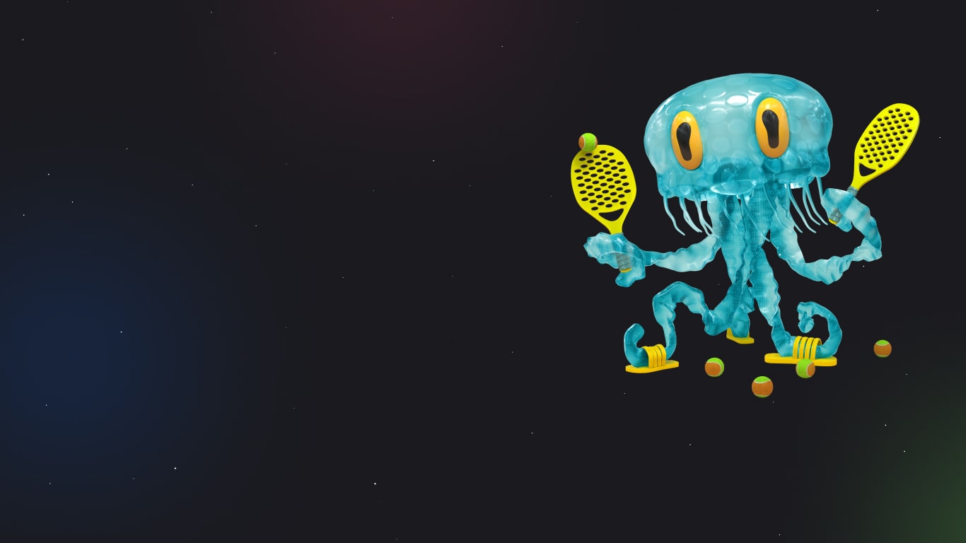 Illustration of an octopus in light blue and white, yellow eyes, wearing yellow flip-flops, while holding yellow tennis rackets